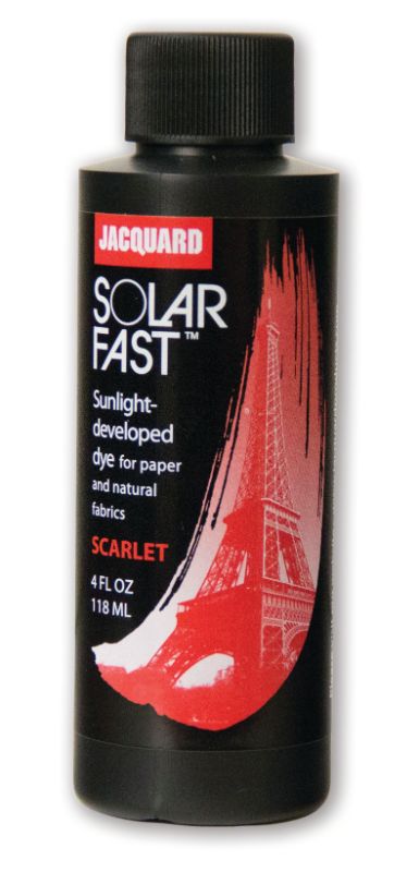 Vibrant SCARLET solar dye for sun printing on natural fabrics, ideal for art, photograms, and mixed media projects.