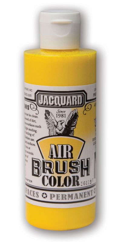 Bright yellow airbrush paint in 118.29ml, ideal for various surfaces, ensuring durability and excellent coverage for artists.
