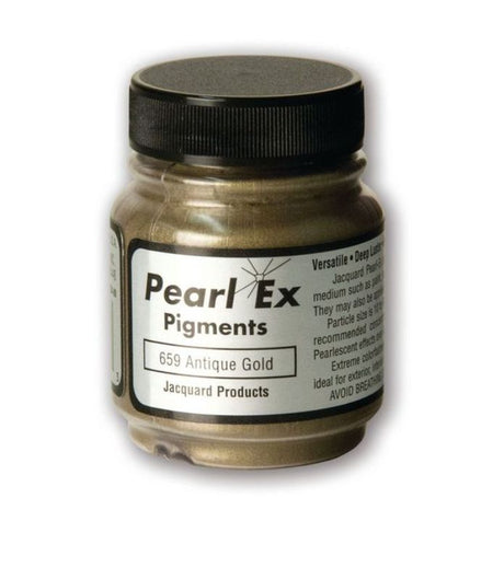 Antique Gold Pearl Ex Powdered Pigment in a 21.26g jar, ideal for vibrant metallic effects in various artistic applications.