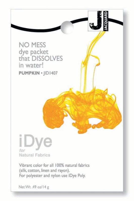 iDye Jacquard Pumpkin 407 (14g) dye packet for vibrant color on natural fabrics like cotton and silk, ideal for crafting projects.