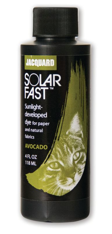 SolarFast Dye - Jacquard Avocado 110 (118.29ml) bottle showcasing its UV-reactive dye for creating vibrant sun-based art projects.