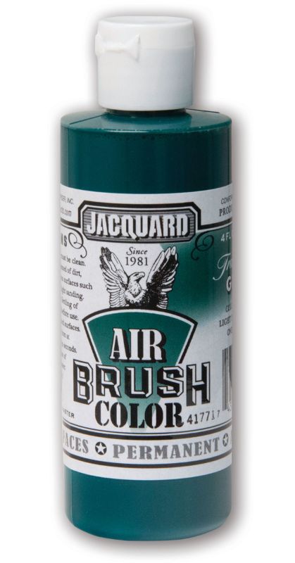 Bottle of JACQUARD TRANSPARENT GREEN 103 airbrush paint, ideal for versatile use on various surfaces and projects.