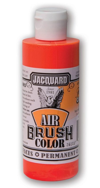 Vibrant Jacquard Airbrush Paint in Fluorescent Orange 405, perfect for various surfaces and creative projects.