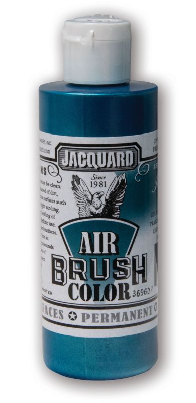 Iridescent teal airbrush paint in a 118.29ml bottle, ideal for vibrant artwork on various surfaces like fabric and leather.