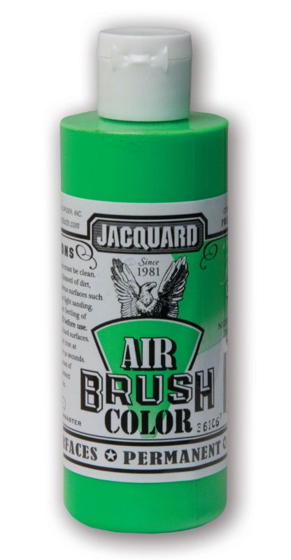 Vibrant Jacquard Fluorescent Green Airbrush Paint in 118.29ml, perfect for diverse surfaces and artistic projects.