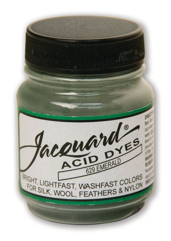 Powdered Jacquard Acid Dye in vibrant Emerald 629, ideal for dyeing silk, wool, and other protein fibers.