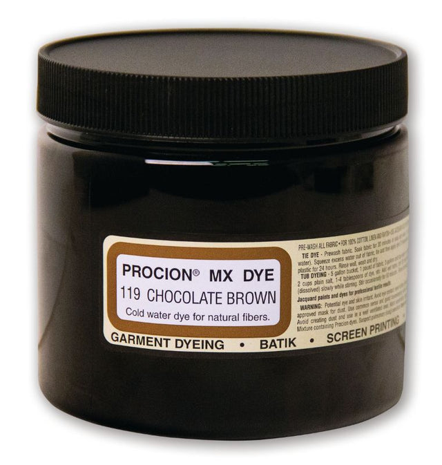 PROCION MX DYE in Jacquard Chocolate Brown 119, a 230g cold water, fiber-reactive dye for vibrant tie dye and batik projects.