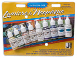 Colorful 9-pack of Jacquard Lumiere and Neopaque paints, perfect for fabric art, textile design, and mixed media projects.