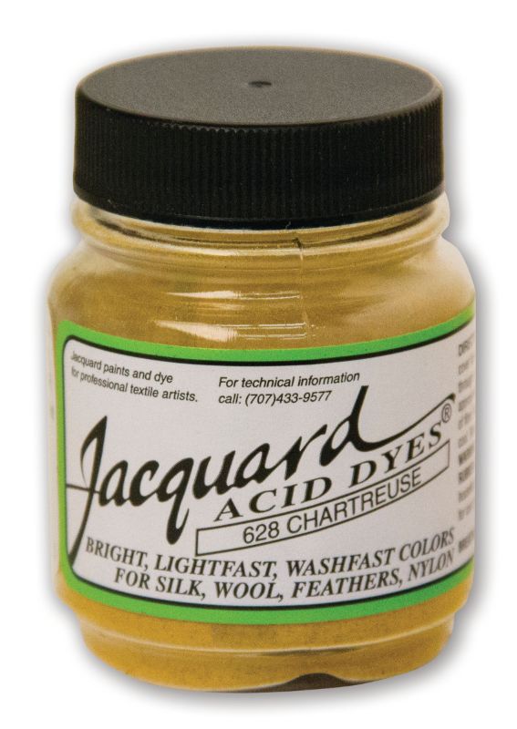 Vibrant Jacquard Chartreuse 628 acid dye, 14.17g, perfect for coloring silk, wool, and other protein fibers.