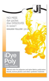 Dissolvable dye packet for polyester and synthetic materials in vibrant golden yellow, ideal for crafting and cosplay projects.