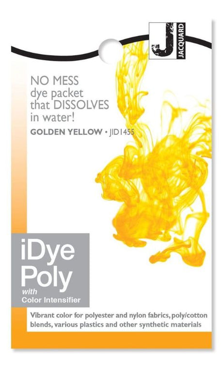 Dissolvable dye packet for polyester and synthetic materials in vibrant golden yellow, ideal for crafting and cosplay projects.