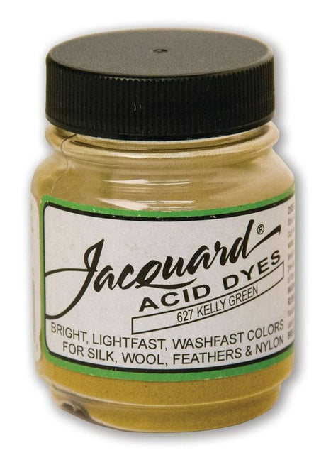 Vibrant Jacquard Kelly Green Acid Dye 627 (14.17g) for dyeing silk, wool, and other protein fibers with brilliant colorfast results.