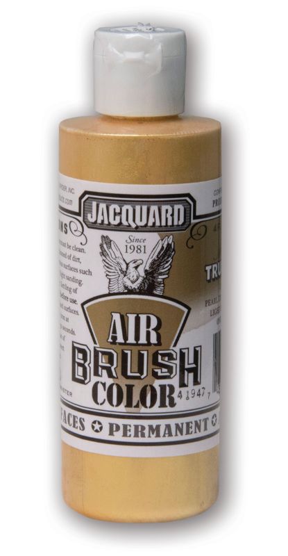 Jacquard Metallic True Gold 303 Airbrush Paint in a 118.29ml bottle, ideal for vibrant, durable artistic creations on various surfaces.