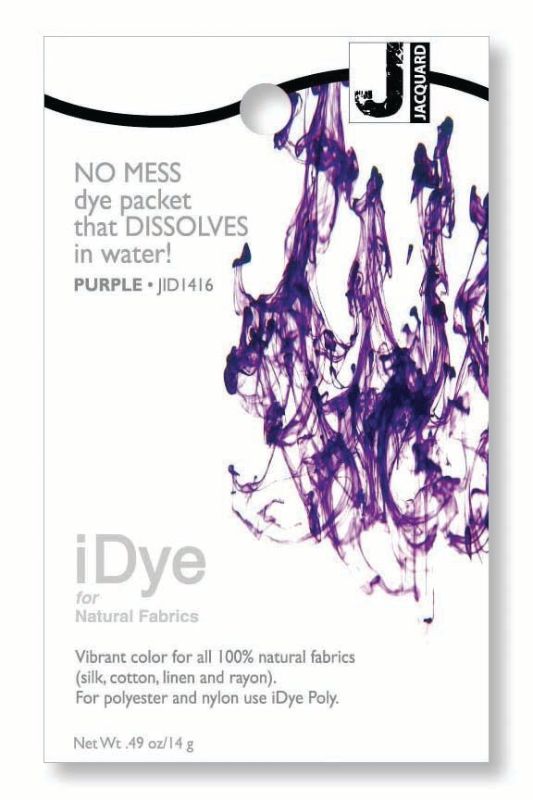 Dissolvable hot water dye packet in vibrant Jacquard Purple, ideal for natural fabrics like cotton and silk.