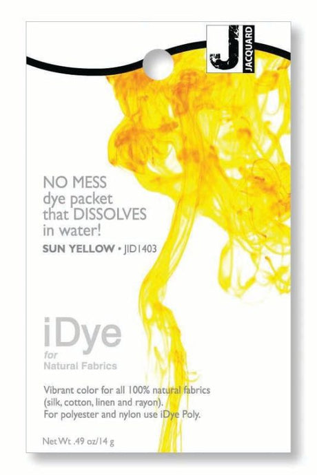 Dissolvable 14g iDye packet in vibrant Sun Yellow for dyeing natural fabrics like cotton, linen, and silk effortlessly.