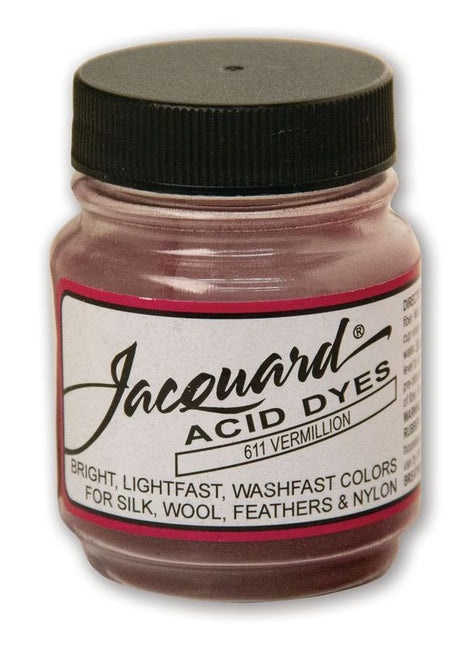 Bright Jacquard Vermillion 611 acid dye (14.17g) for vibrant coloration of silk, wool, and other protein fibers.