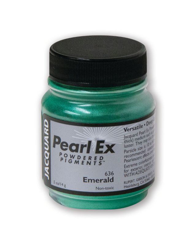 Emerald green Pearl Ex powdered pigment in a 14g jar, ideal for adding metallic and pearlescent effects to various art projects.