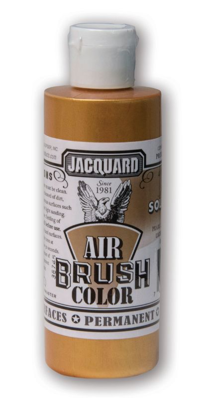Jacquard Metallic Solar Gold Airbrush Paint in a 118.29ml bottle, ideal for vibrant, shimmering art on various surfaces.