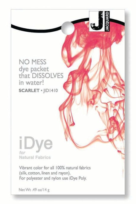 Bright red iDye - Jacquard Scarlet 410 packet for dyeing natural fabrics like cotton and silk, easy-to-use, mess-free.
