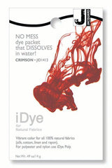 Vibrant Jacquard Crimson iDye in a dissolvable packet for easy dyeing of natural fabrics like cotton and silk.