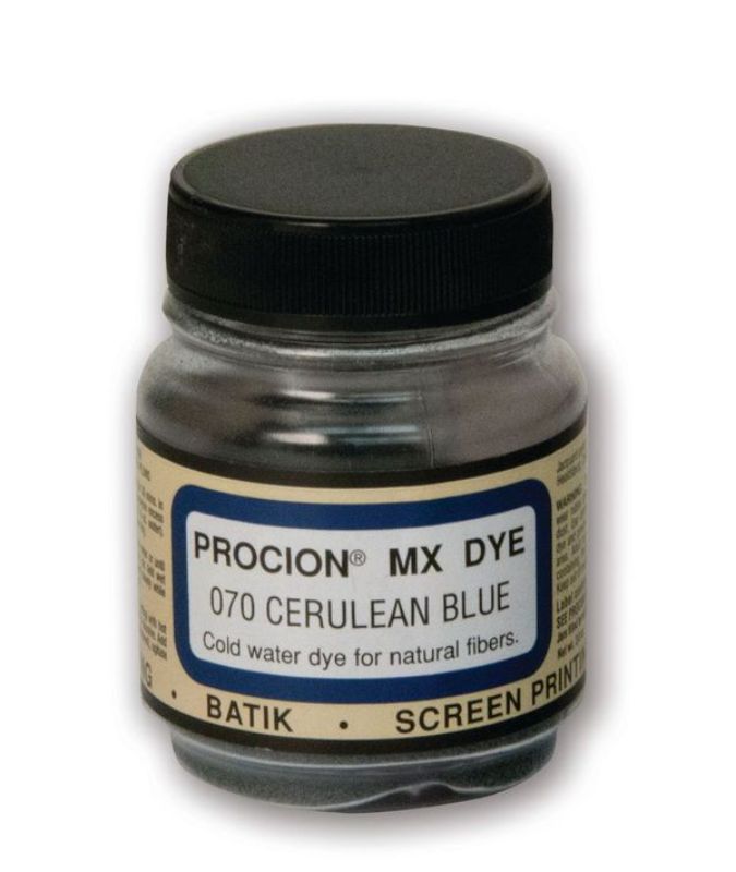 Vibrant Procion MX Jacquard Cerulean Blue dye (18.71g) for cold water dyeing, ideal for cotton and linen projects.