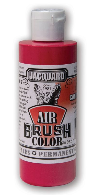 Vibrant Jacquard Iridescent Candy Apple Red airbrush paint in a 118.29ml bottle, perfect for diverse surfaces and custom projects.