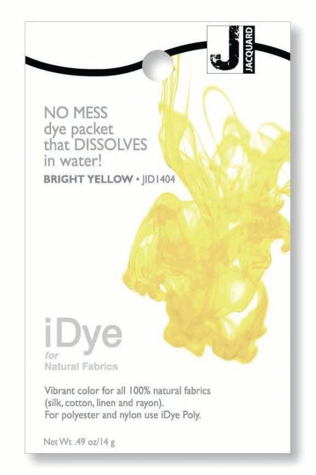 Bright yellow dye packet for natural fabrics, easy-to-use, mess-free, perfect for revitalizing garments and DIY projects.