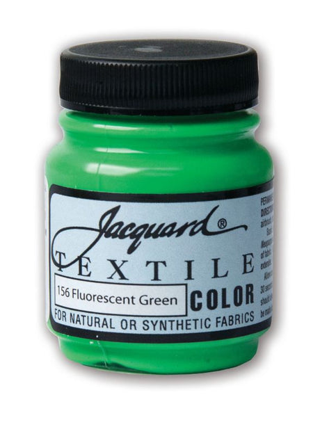 Vibrant fluorescent green fabric paint in a 66.54ml bottle, ideal for versatile crafting techniques on various surfaces.