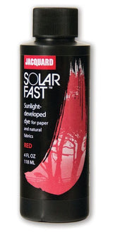 SolarFast Jacquard Red 104 dye in a 118.29ml bottle, perfect for solar-reactive art on natural fabrics and papers.