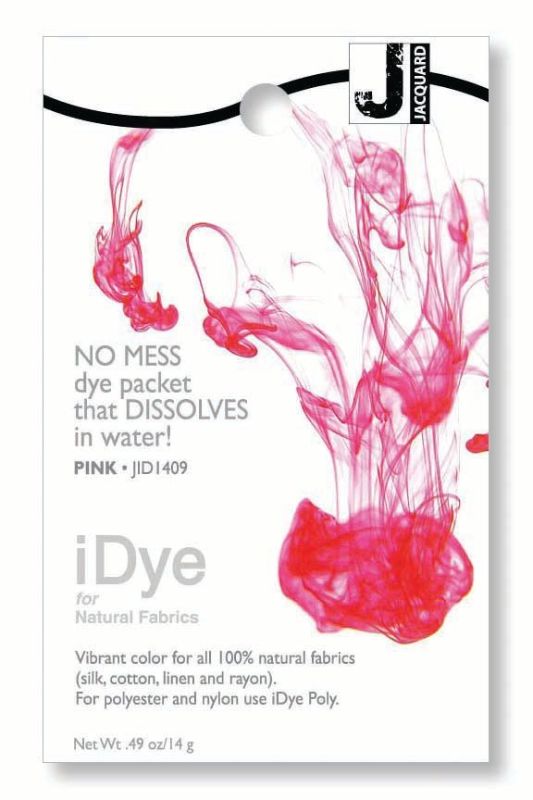 Dissolvable Jacquard iDye Pink 409 (14g) for vibrant natural fabric dyeing; ideal for cotton, linen, and silk.