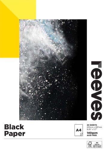 Reeves A4 Black Paper Sketch Pad with 20 sheets for vibrant pastel and gel pen artwork, ideal for all artistic levels.