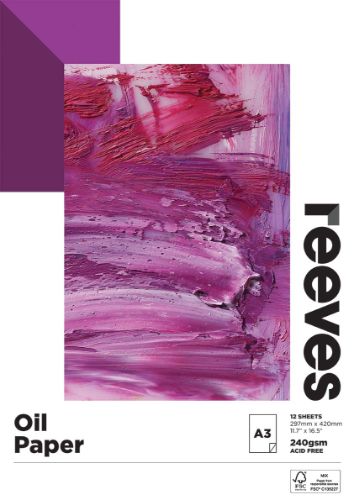 Reeves Oil Paper Pad A3 240GSM featuring canvas-like texture, 12 sheets, acid-free, ideal for oil and acrylic painting.