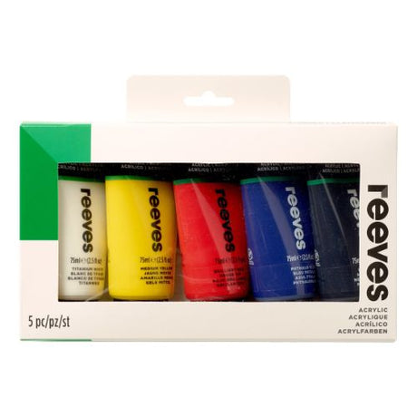 Vibrant Reeves Artists' Acrylic Colour Set - 5, featuring five high-pigmentation tubes for versatile artistic expression.