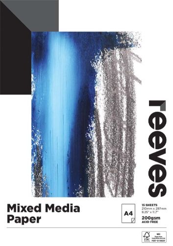 Reeves Mixed Media Paper Pad A4 with 15 sheets of 200gsm acid-free paper, perfect for various artistic media.