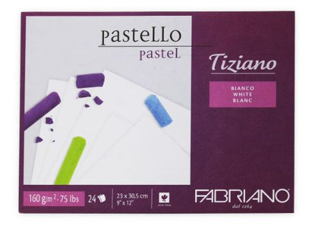 Fabriano Tiziano Pastel Paper Pad in white, 23x30.5 cm, 160GSM, perfect for various artistic techniques with vibrant colors.