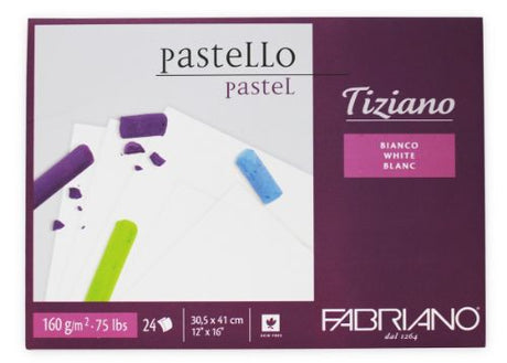 Fabriano Tiziano Pastel Paper Pads in white, 160GSM, ideal for pastels and mixed media, featuring acid-free, high-quality sheets.