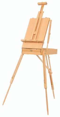 Handcrafted Beechwood easel with adjustable height, foldable design, and metal storage tray for artists on the go.