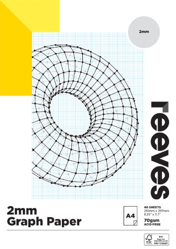 Reeves A4 graph paper pads with 2mm grid, 40 sheets of smooth, acid-free 70GSM paper for precise drafting and design.