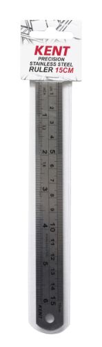 Kent Stainless Steel Ruler 150mm: durable measuring tool with both Imperial and Metric scales, includes conversion table and hanging feature.