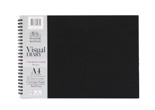 Winsor & Newton Visual Diaries A4 Black, 110 GSM, 60 sheets, ideal for various media; stylish and eco-friendly design.