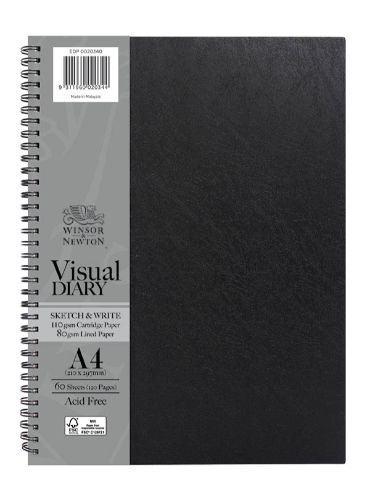 A4 Winsor & Newton Visual Diary for artists, featuring FSC-certified paper, various bindings, and multiple sheet weights.