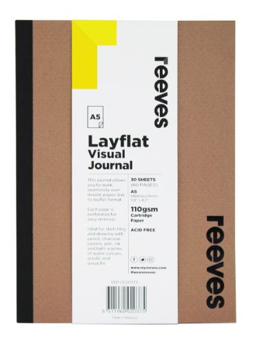 Reeves A5 kraft visual journal showcasing layflat design for seamless double-page artwork and easy-perforated pages.