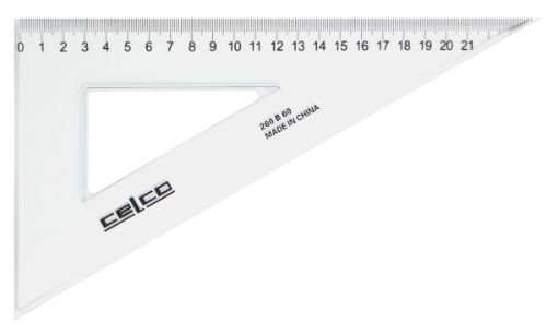 Transparent Celco 60° set squares (260mm) with metric scale, ideal for precision in drafting and design projects.