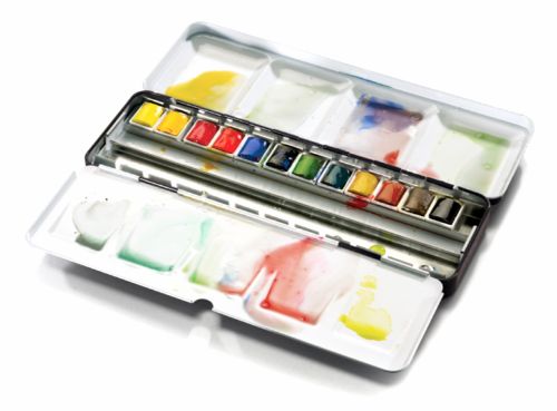 Winsor & Newton Professional Water Colour set in a sleek black tin, featuring 12 rich, lightfast half pans for artists.