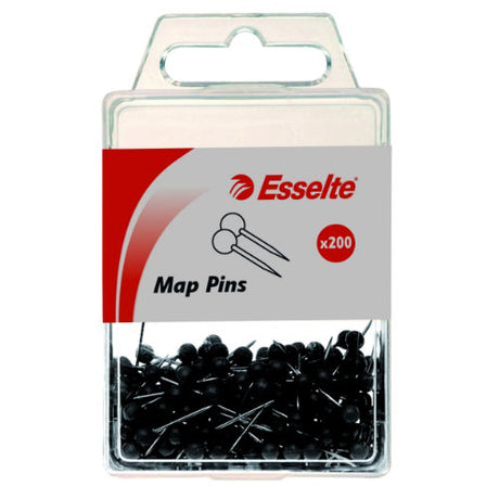 Esselte Map Pins in black, 4mm head, 17mm long, perfect for pinning maps, posters, and charts securely.