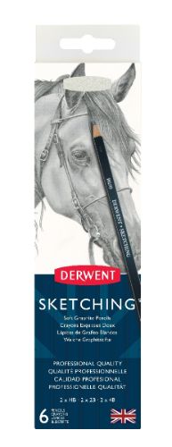 Derwent Sketching Pencils set in a compact tin, featuring 6 soft pencils and a sharpener for versatile drawing.