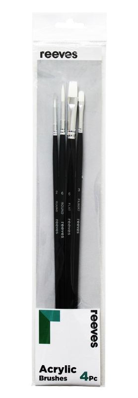 Reeves Acrylic Brush Set with 4 synthetic brushes, featuring long handles and assorted sizes for versatile acrylic painting.