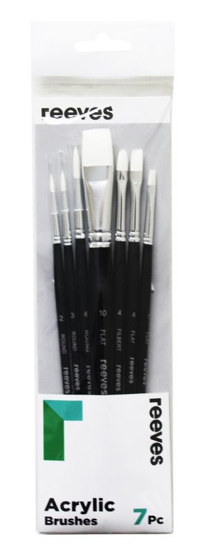 Reeves Acrylic Brush Set featuring 7 white synthetic brushes with short handles for precise acrylic painting techniques.