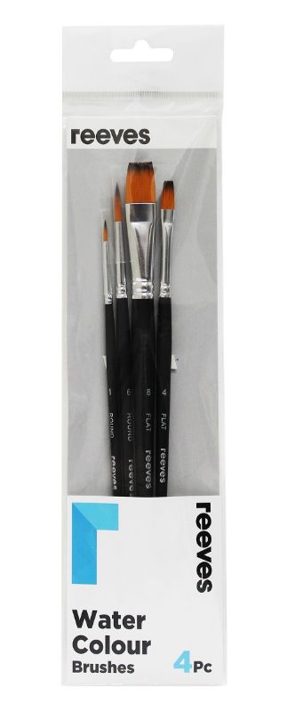 Reeves Watercolour Brush Set featuring 4 gold synthetic brushes with short handles for precision and control in painting.