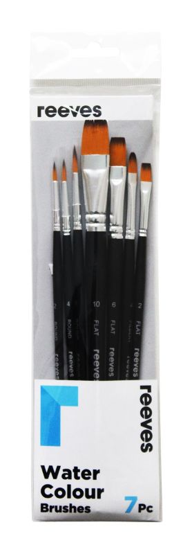 Reeves Watercolour Brush Set featuring 7 gold synthetic brushes with short handles for precise and versatile painting.